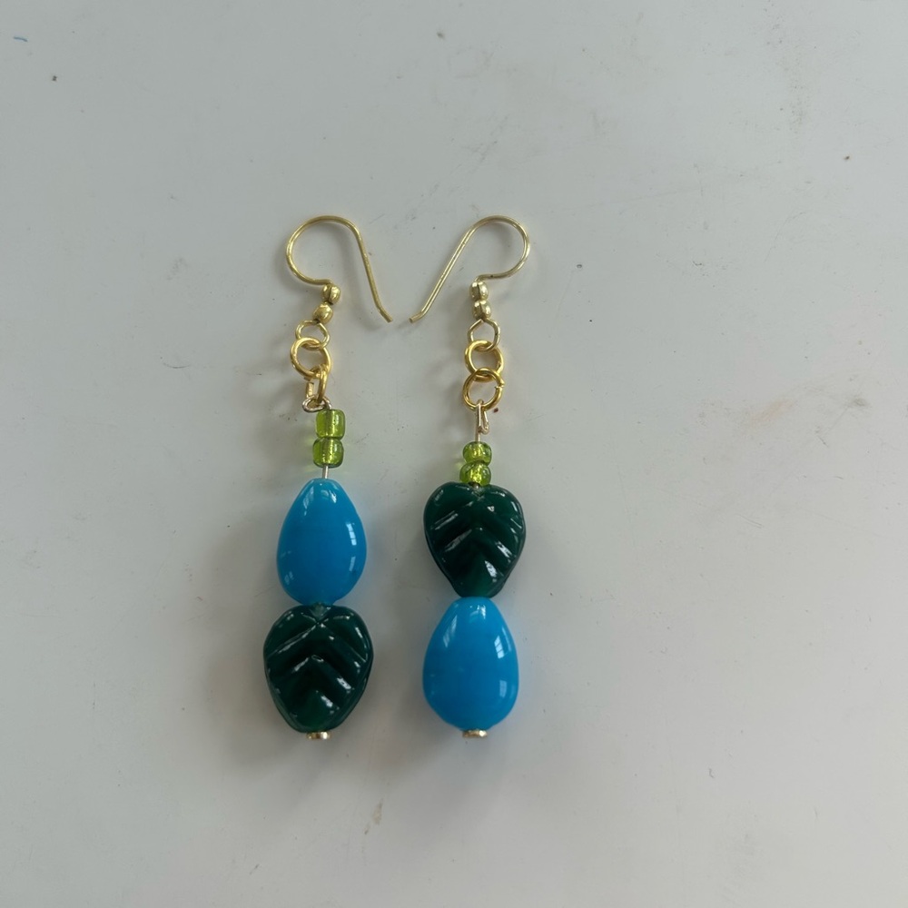 Blue and Green Teardrop Leaf Dangle Earrings with Gold Tone Hooks
